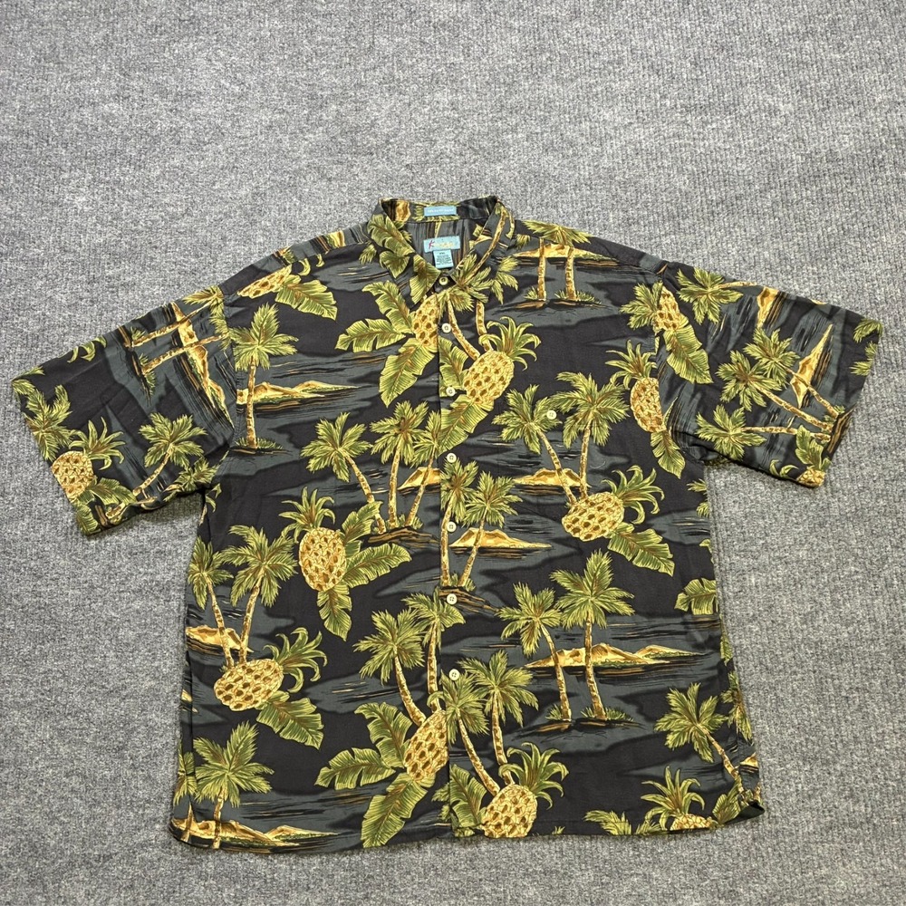 Kaylua Bay Mens Hawaiian Button Up Shirt Size 2XL Black Palm Pineapple Rayon